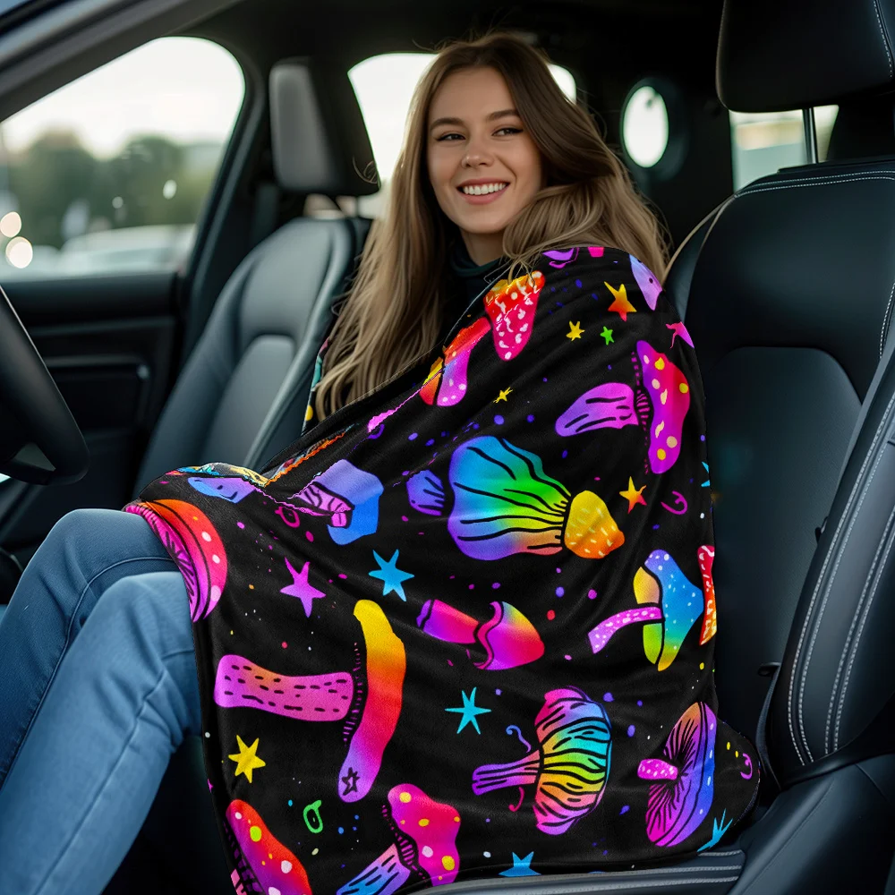 Colorful psychedelic mushrooms stars black background flannel blanket trippy art blanket hippie decor mushroom pattern throw