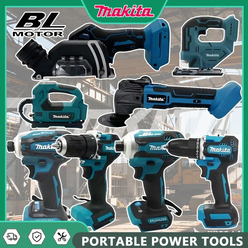 

Различные модели портативных аккумуляторных электроинструментов Makita: ударный шуруповерт, аккумуляторная отвертка, электрическая сабельная пила