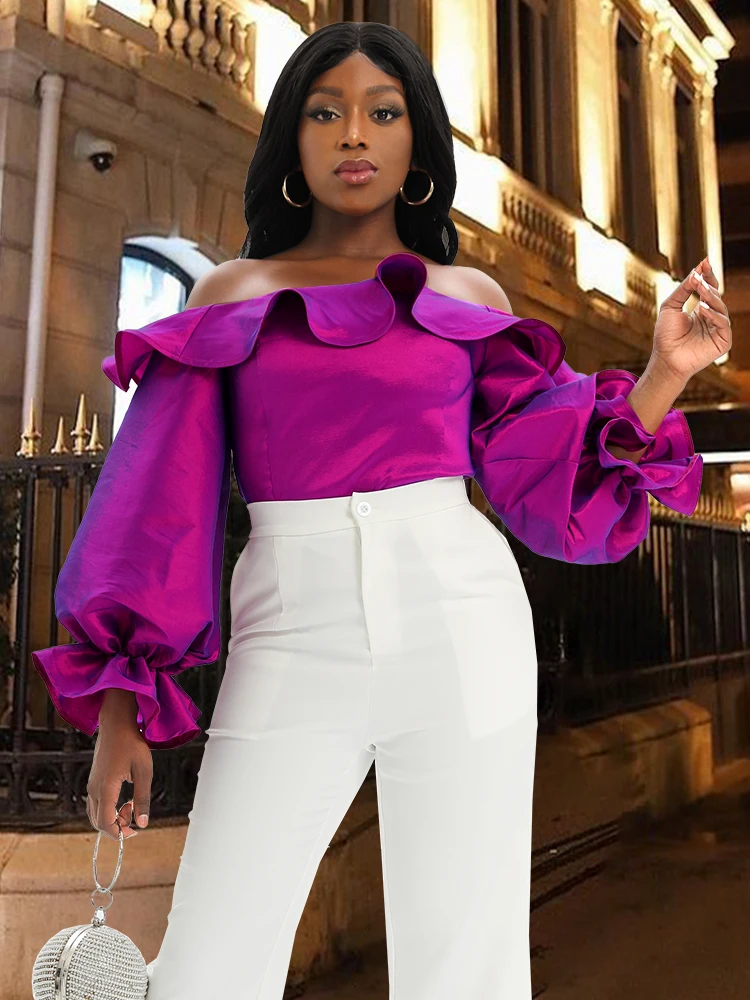 Women Blouse Shiny Off Shoulder Ruffle Sexy Party Shirt Tops Purple Birthday Large Size 2023 Fashion Female African Summer Bluas