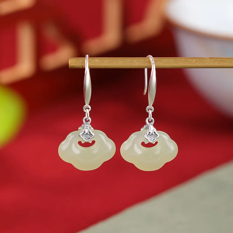 Natural Hetian S925 Sterling Silver Jade Ruyi Ear Hooks Earrings