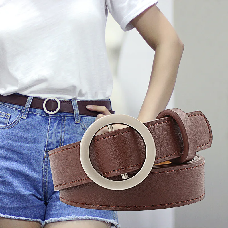 

ashion Women Leather Belt Classic Retro Simple Belts for Girls Metal Round Waist Belt Leisure Dress Jeans Wild Waistband W0F1