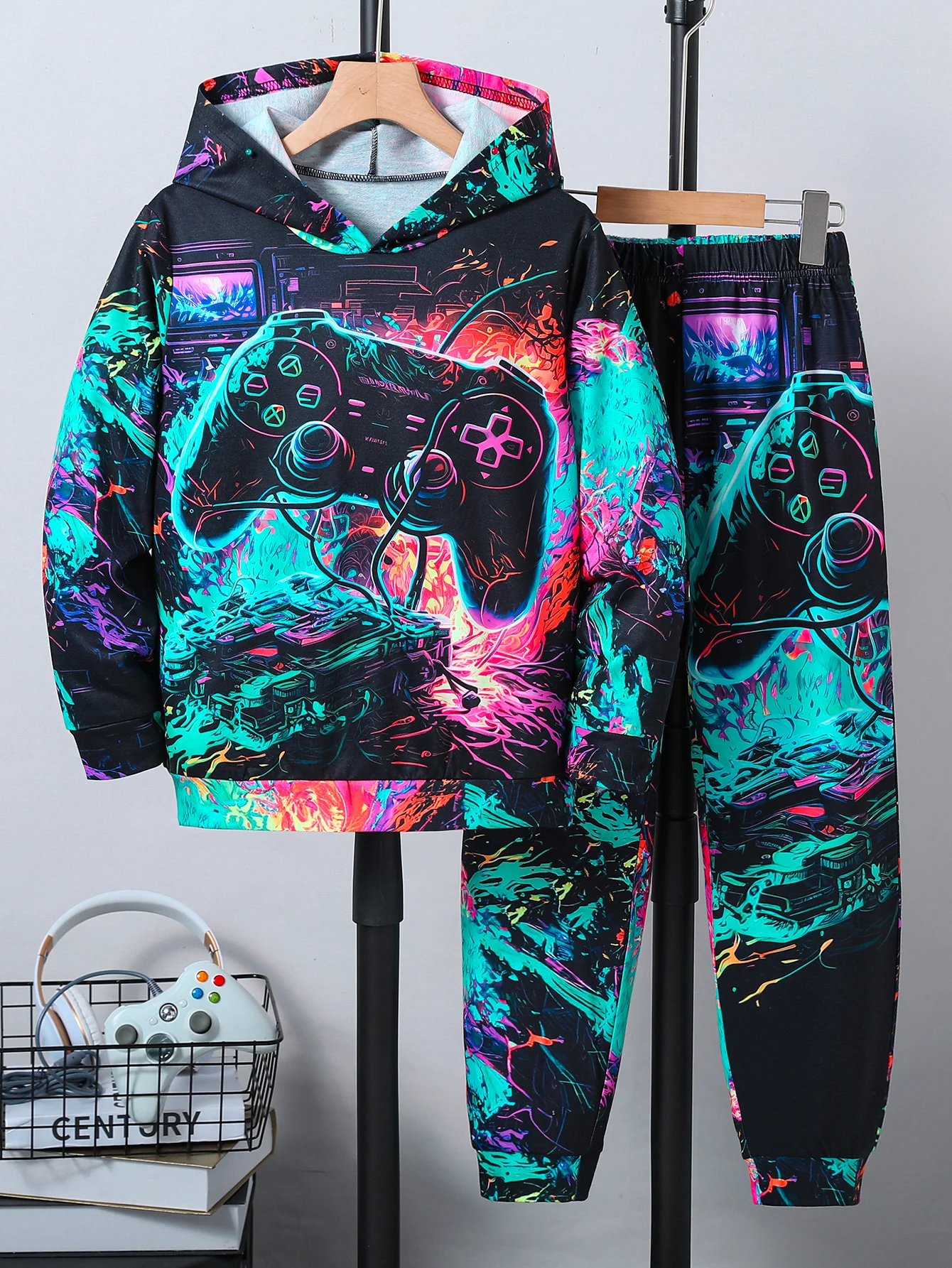 Boys' New Abstract Art Game Console Printed Hooded Sweatshirt Long-Sleeved Pants Two-Piece Autumn and Winter Suit Loose Casual Style