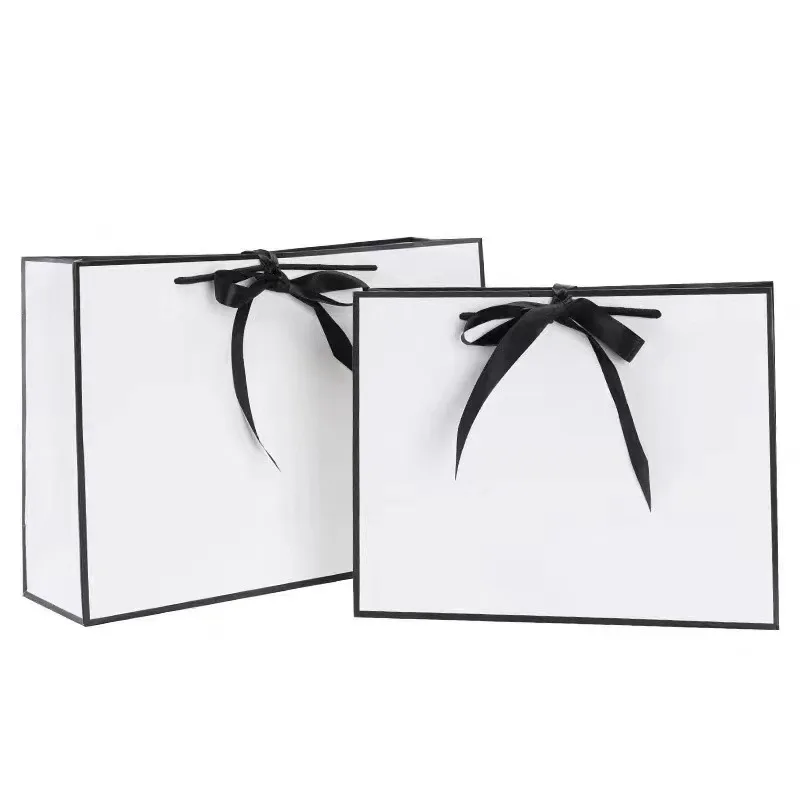 Confezione regalo in carta bianca borsa per la spesa borsa per la spesa con manico in nastro nero per vestiti da sposa scarpe confezione regalo borsa