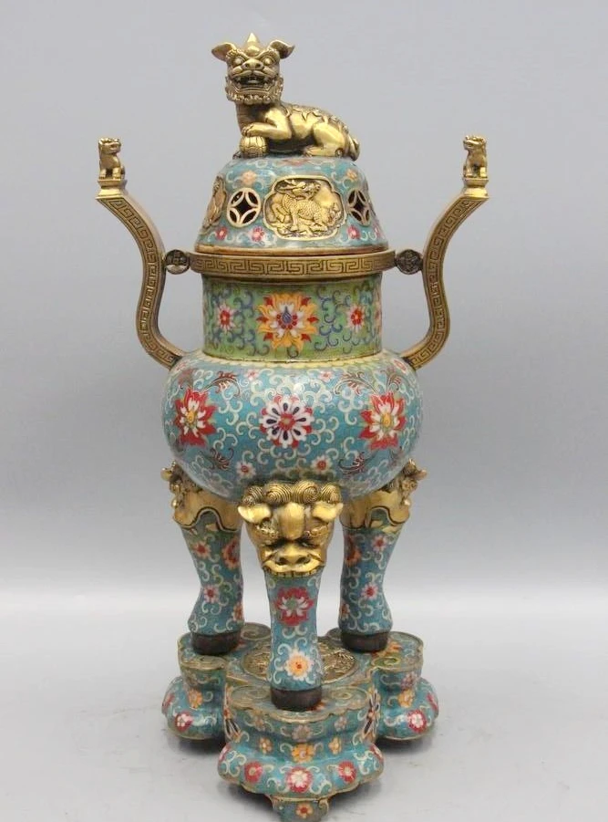 

Tibetan Bronze Copper Cloisonne Foo Dog Lion Unicorn kylin Incense Burner Censer