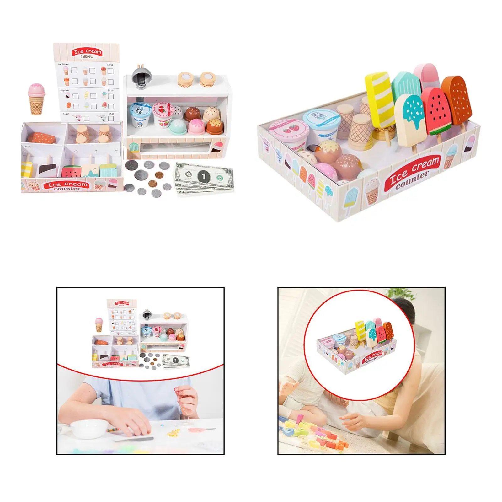 Wooden Ice Cream Counter Playset Kitchen Food Toys Detachable Ice Cream Counter for Kids Children Girls Boys Preschool Age 2-4