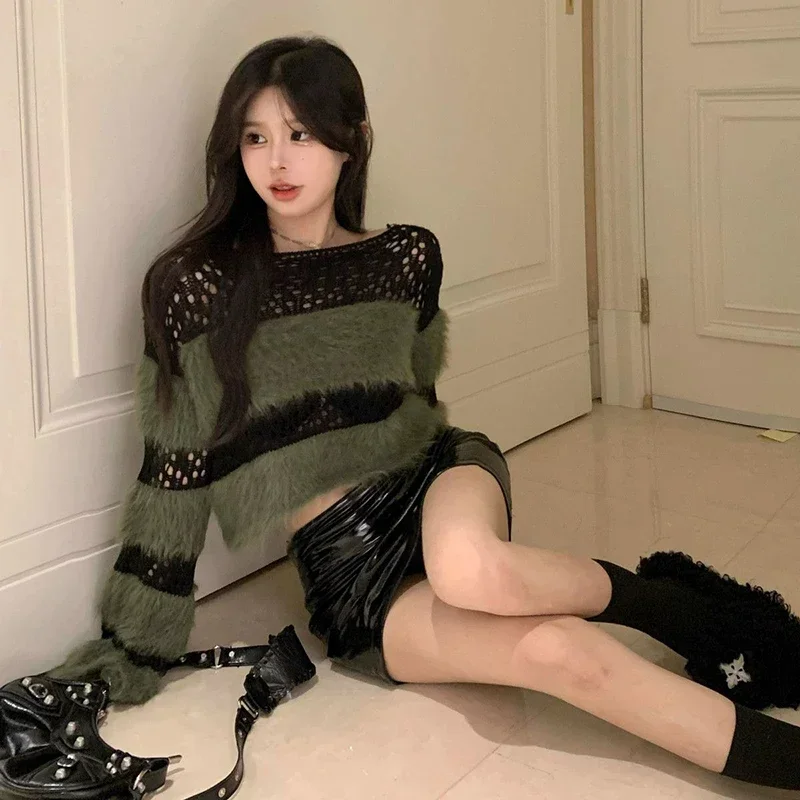 GIDYQ Harajuku Vintage Green Striped Sweaters Women Y2k Sexy Hollow Out Off Shoulder Crop Pullovers Fashion Patchwork Soft Top