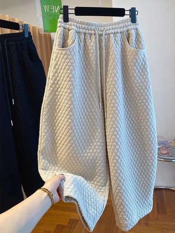 

American Retro Thickened Diamond Grid Wide Leg Pants Harlan Casual Sports Straight Leg Trousers Winter New Style plus Size