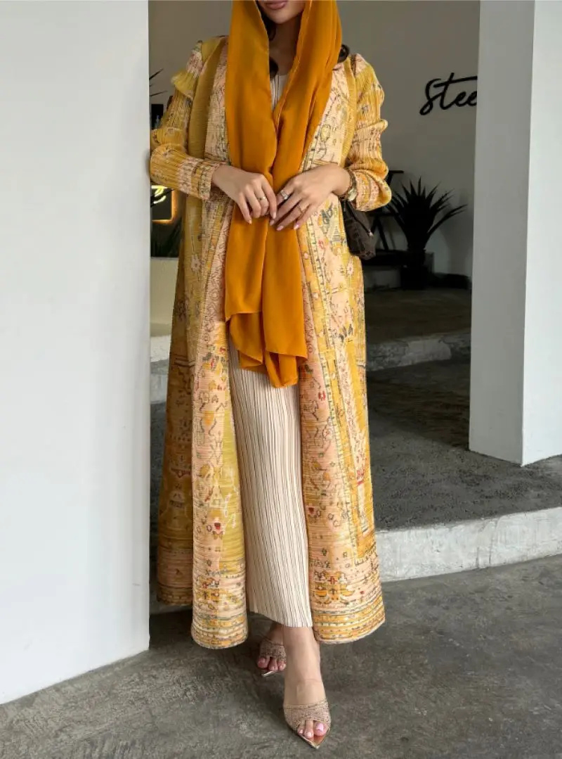 Abaya Ethno Style Print Plissee Long Cape Coat Miyake Frühling/Sommer große Revers Schnür jacke Top lang