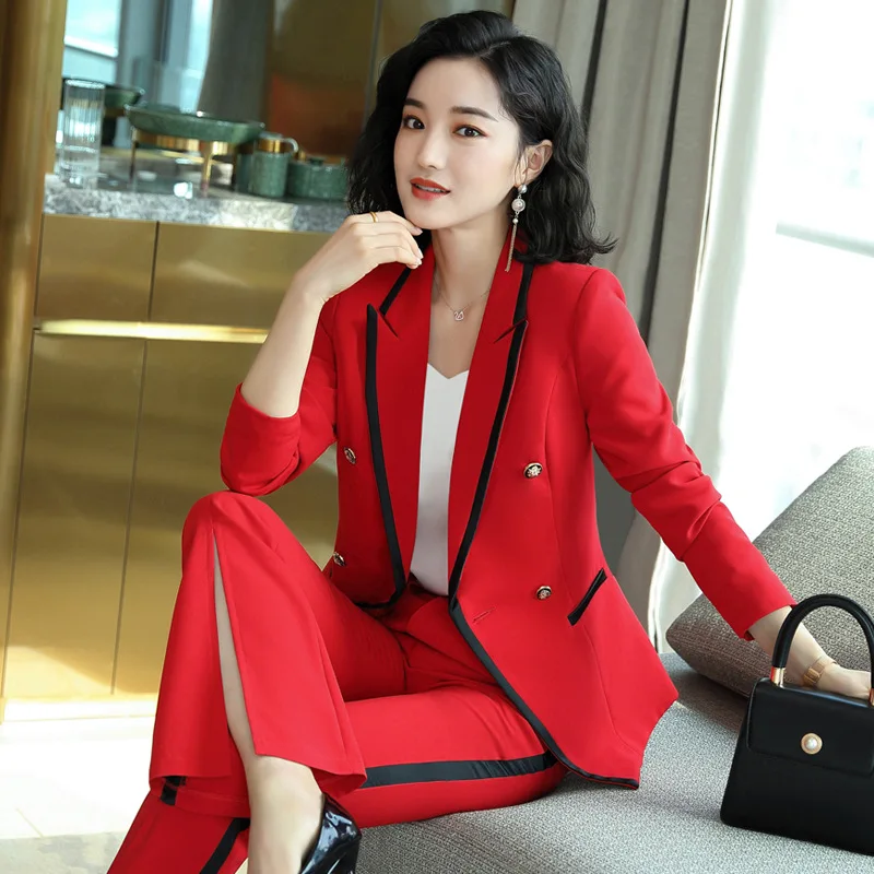 

Red Women Formal Blazer Pants Sets For Office Work Wear Uniform OL Ladies Blazers Jacket Trouser Suits 2 Pieces Pant Suit