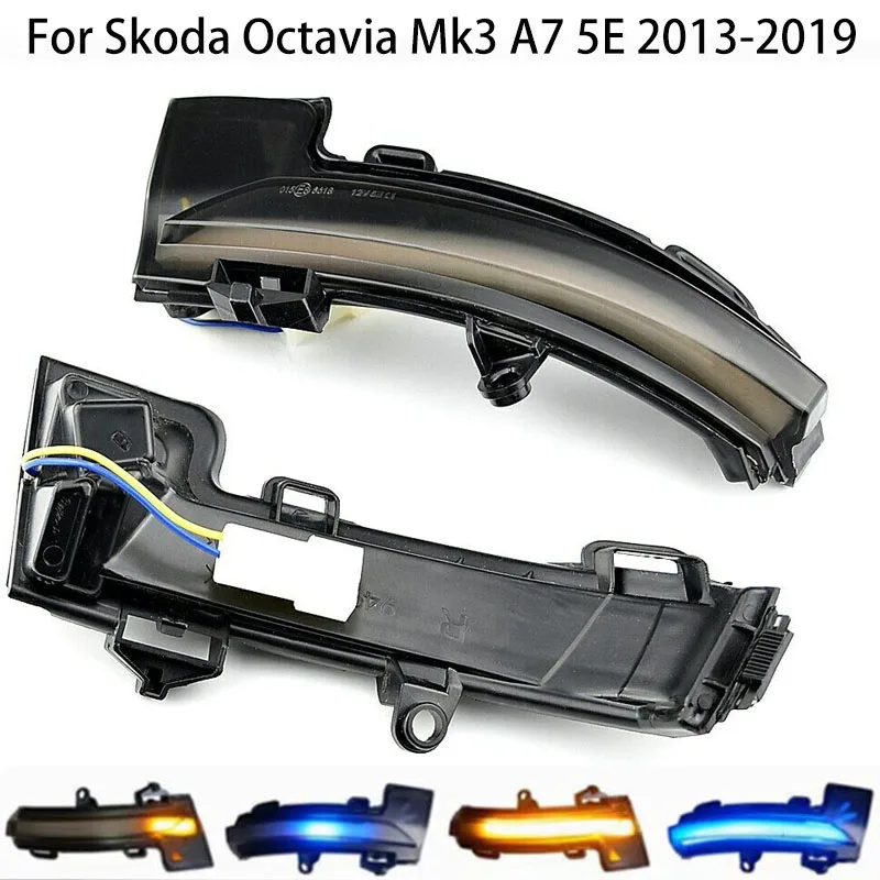 

Для Skoda Octavia Mk3 A7 2013–2019 гг. Динамический поворотный сигнал LED для боковых зеркал, поточный сино-желтый мигалка, черная дымчатая корпус.