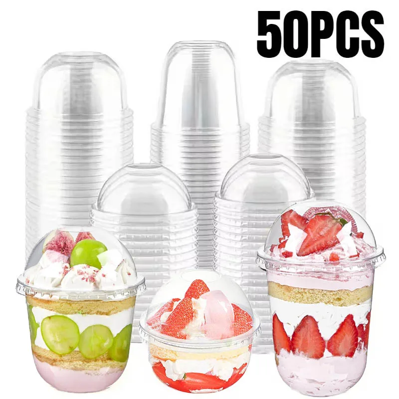 50 Uds vasos de plástico transparentes desechables con tapas pudín tazas de postre jugo café helado fiesta suministros de Navidad