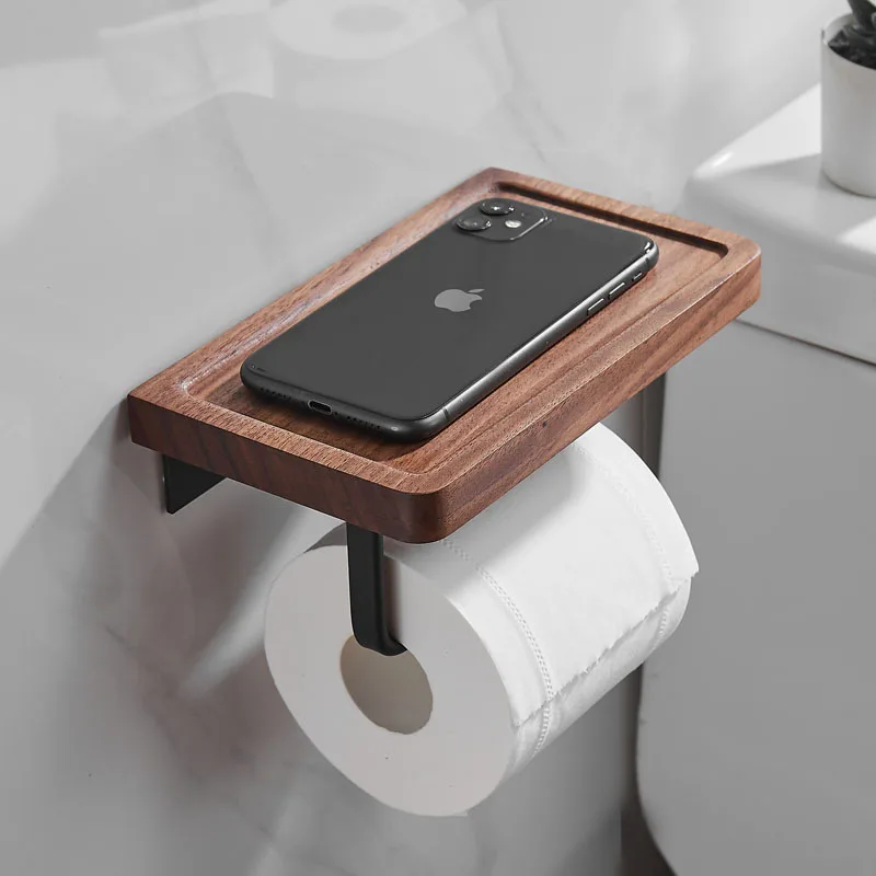 Solid Wood Toilet Paper Holder Punch Free Bathroom Tissue Storage Rack Walnut Roll Paper Stand