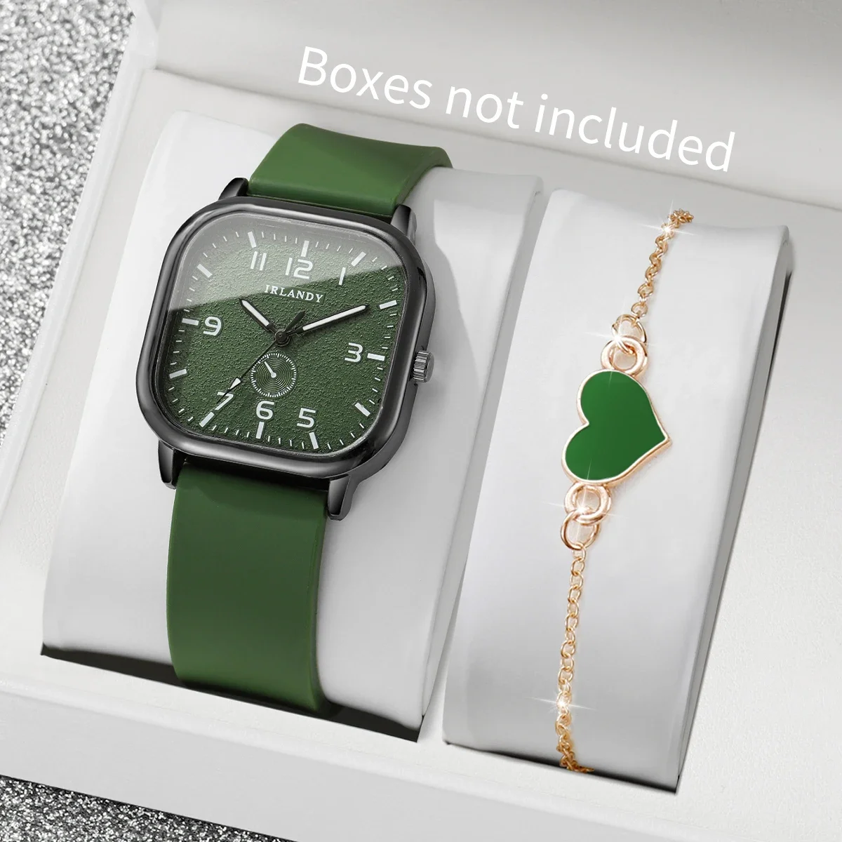 2PCS/Set Women Fashion Square Dial Quartz Wristwatches Silicone Strap Watch Heart Bracelet Set Reloj Mujer (Without Box)