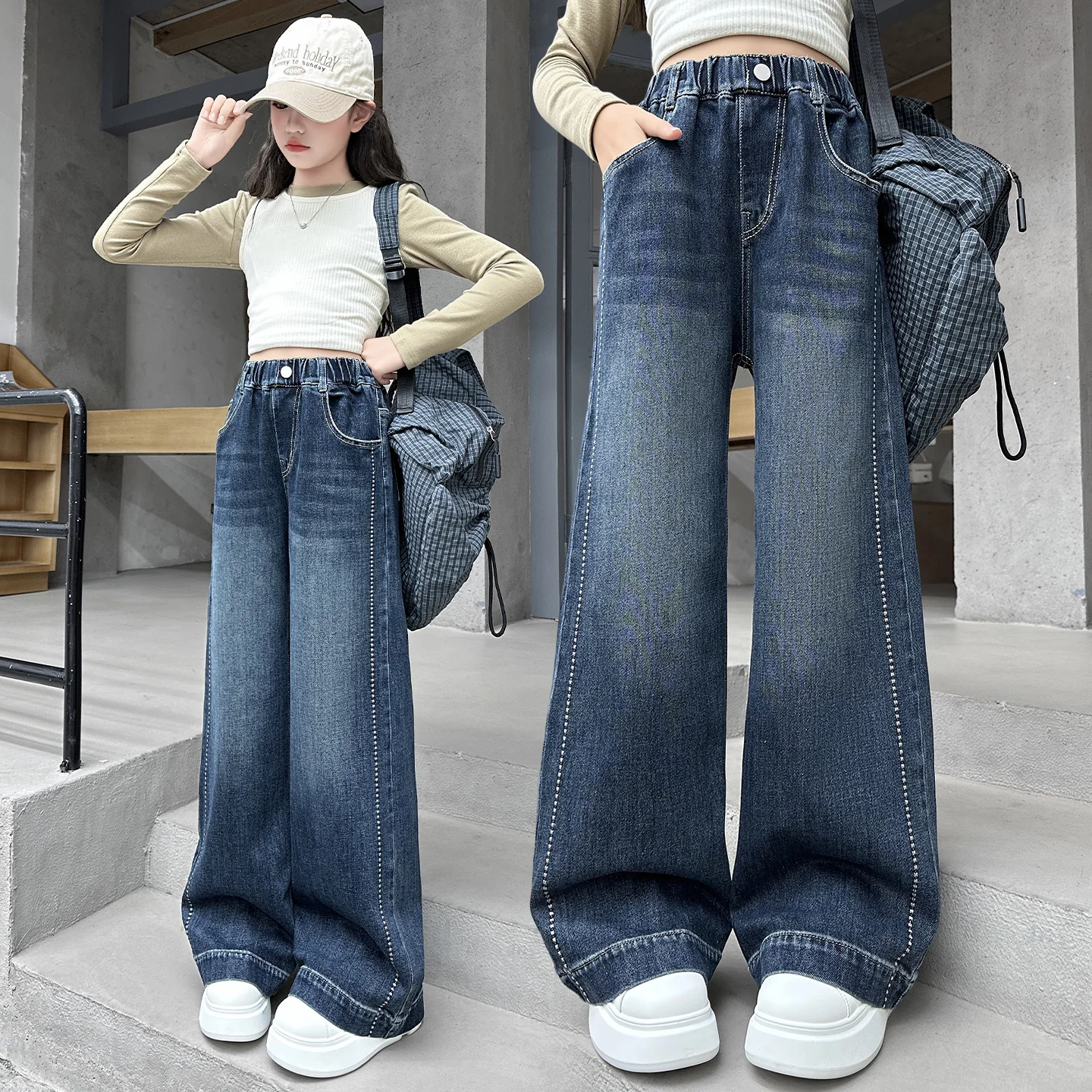 

Girls Decorative Stitching Wide Leg Jeans – Loose Straight Leg Pants for Teens, Perfect for Fall & Back to School, Ages 7-14