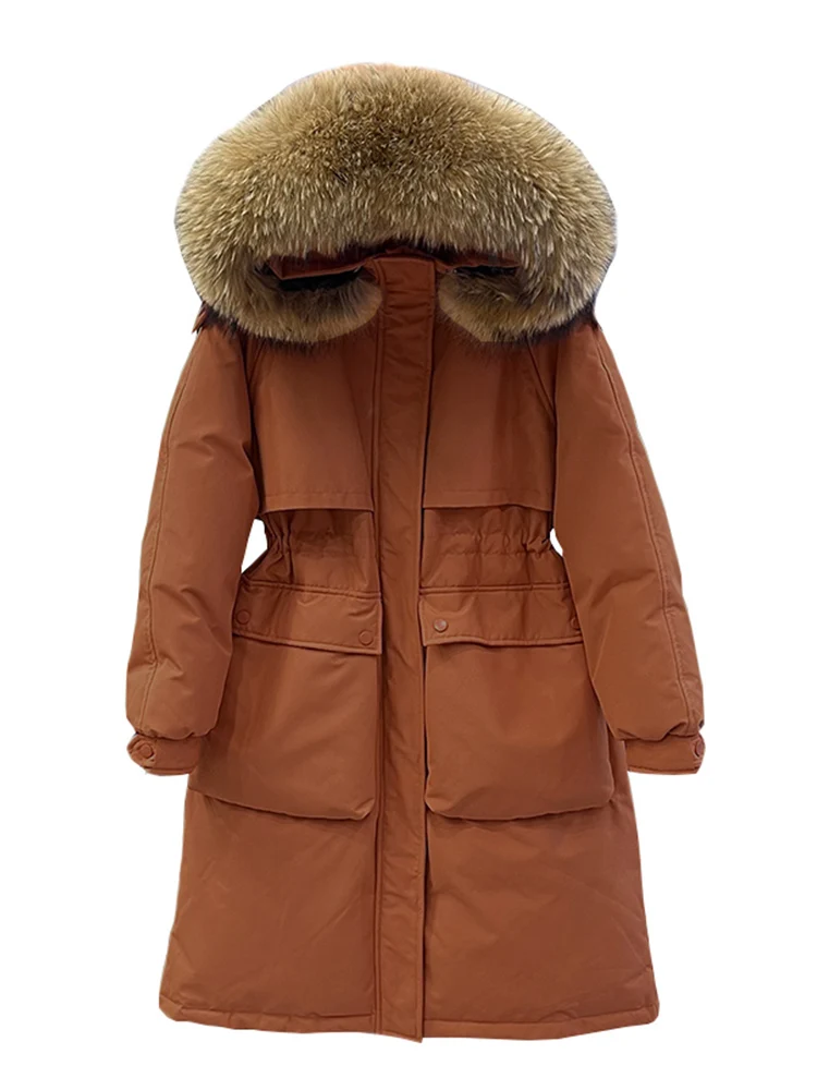 Fitaylor Winter Large Natural Fur Collar Hooded Feather Jacket Women Down Long Coat High Waist Warm Outwear Waist Retractable