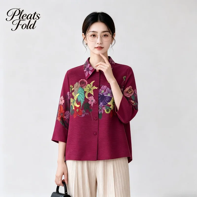 Miyake Pleated 2026 Autumn New Original Floral Print Casual Pleated Loose Casual Light Mature Elegant Fashion Top for Women