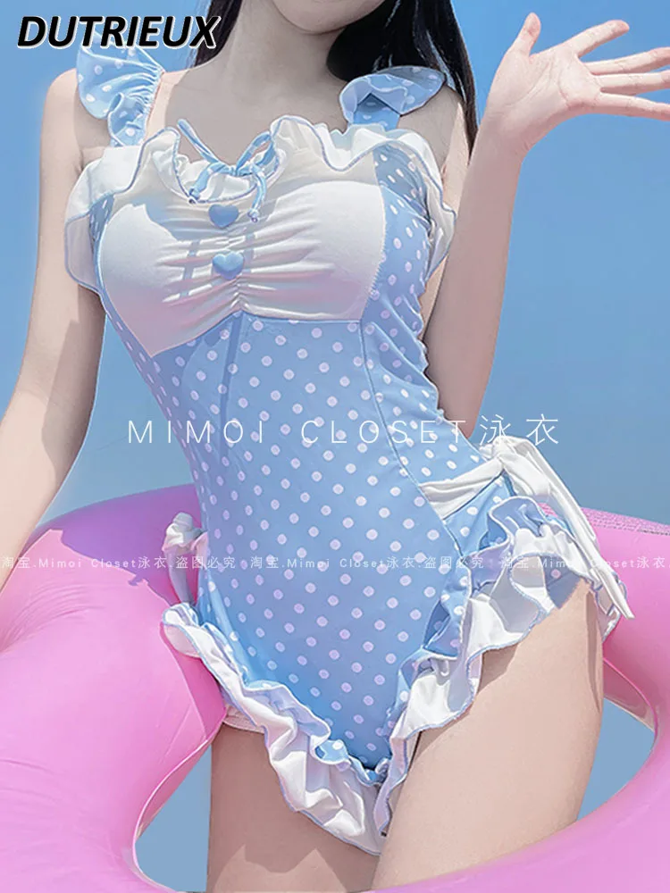 Sweet and Cute Girl's Blue Polka Dot One Piece Swimsuit Sweet Girl Japanese Pure Desire Lolita Hot Spring Swimming Bathing Suit