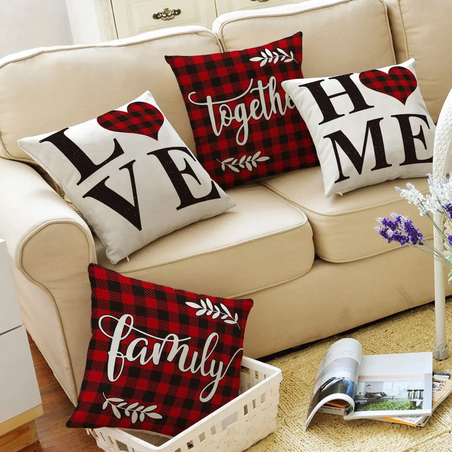 Red Black Plaid Valentine’s Day Linen Pillow Cover Sofa Cushion Cover Home Decor can be customized for you 40x40 50x50 60x60