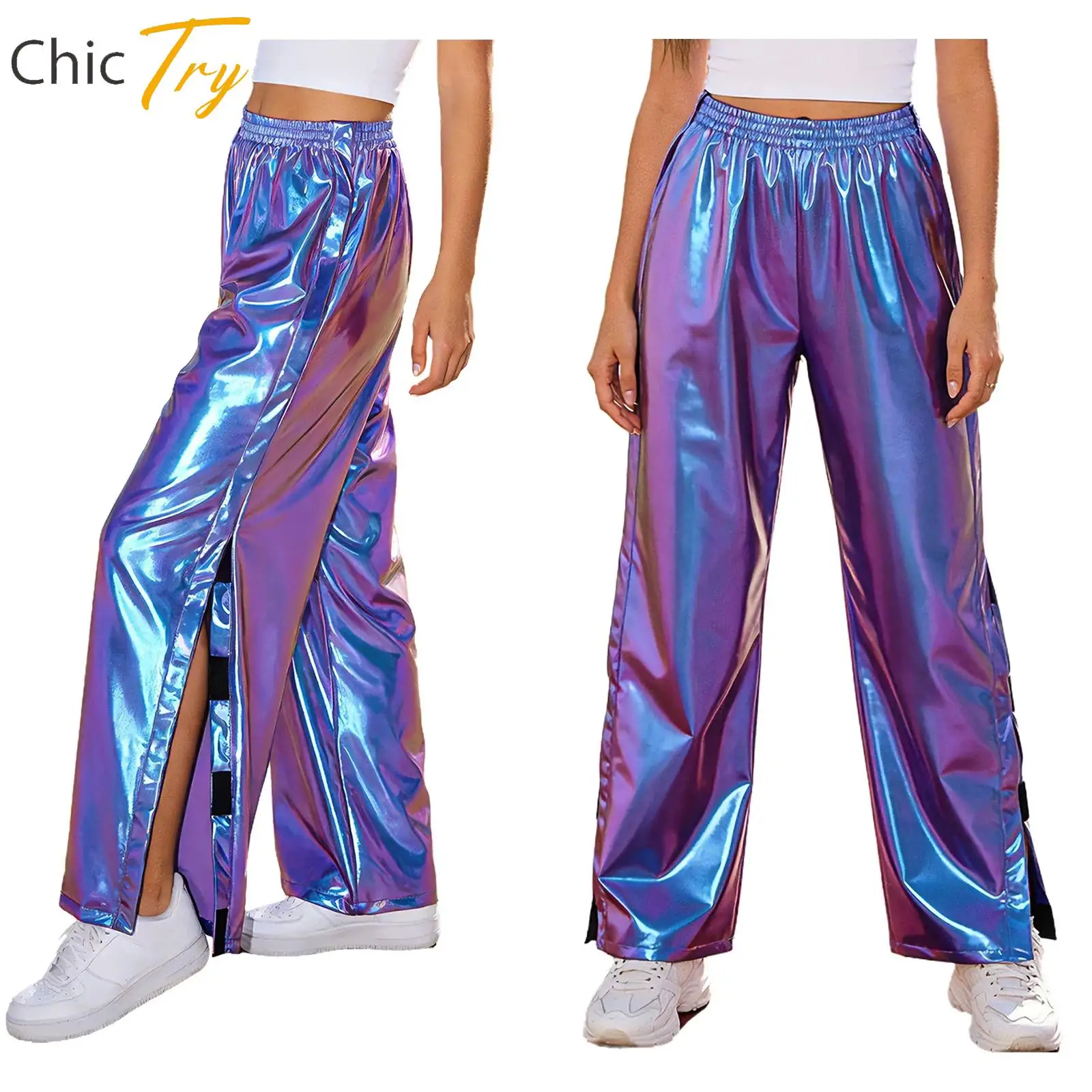 

Women Casual Workout Pants Party Clubwear Tear Away Metallic Sports Pants Woman Side Full Open Hook-and-Loop-Fastener Sweatpants