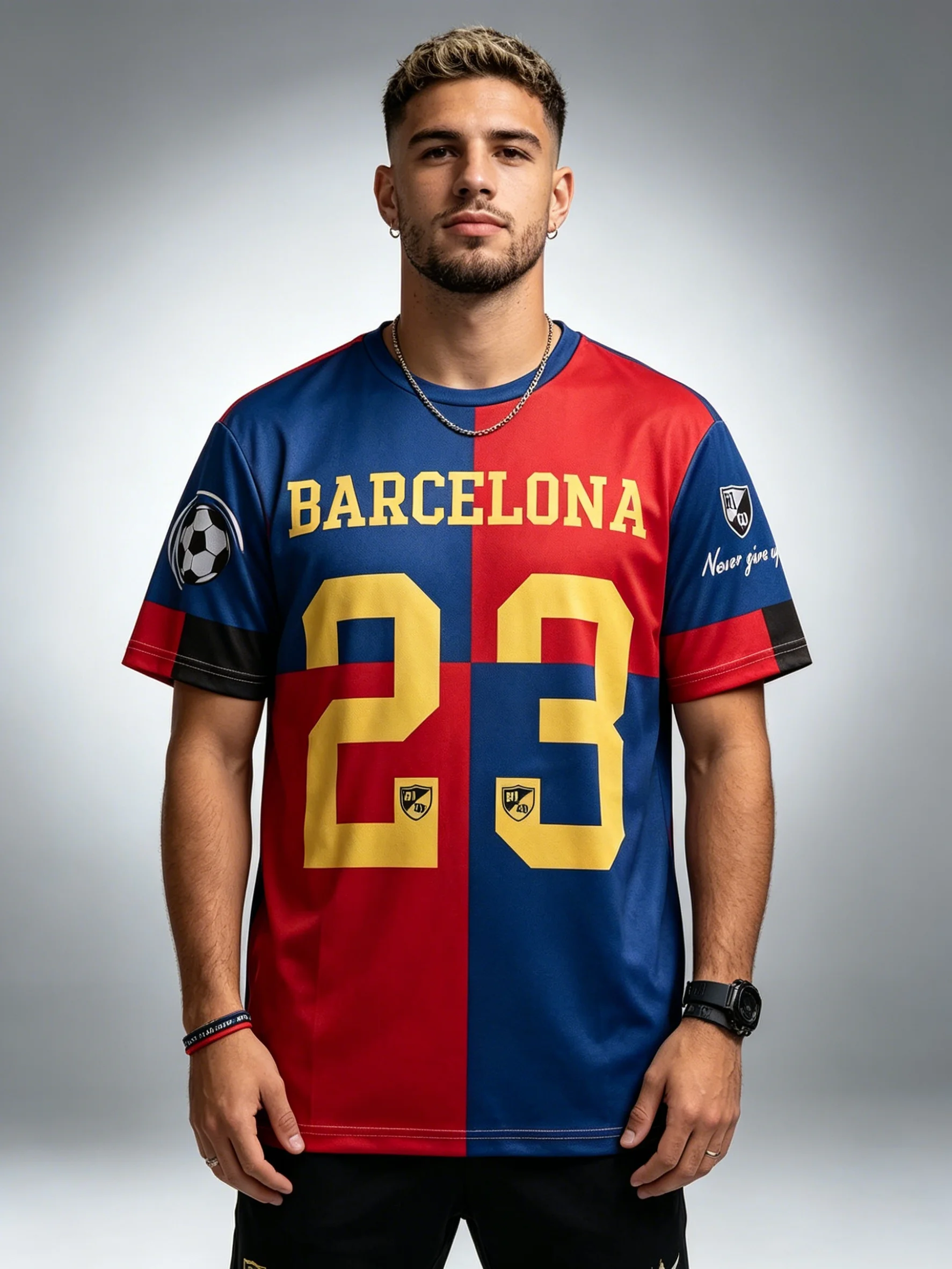 Camiseta Deportiva de Manga Corta para Hombre, Cuello Redondo, Color Rojo y Azul, Estilo Retro de Fútbol, Número 23 de Barcelona