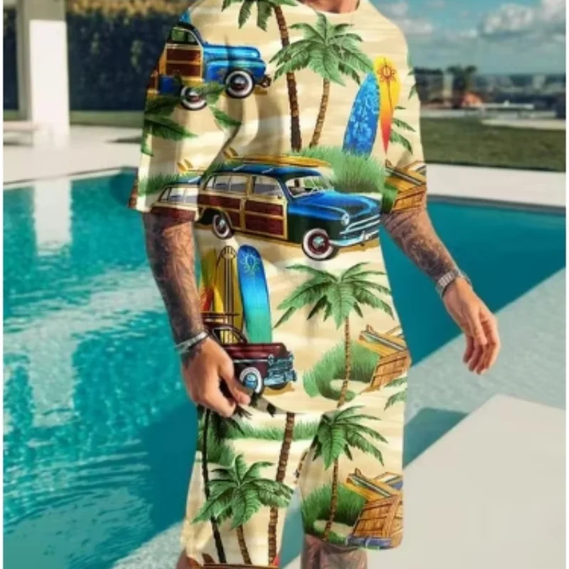 

New Summer Men's Set Tracksuits Fashion Casual Short Sleeves Holiday Style 3D Print Men T-shirt+Shorts Pants Suits Male Clothes