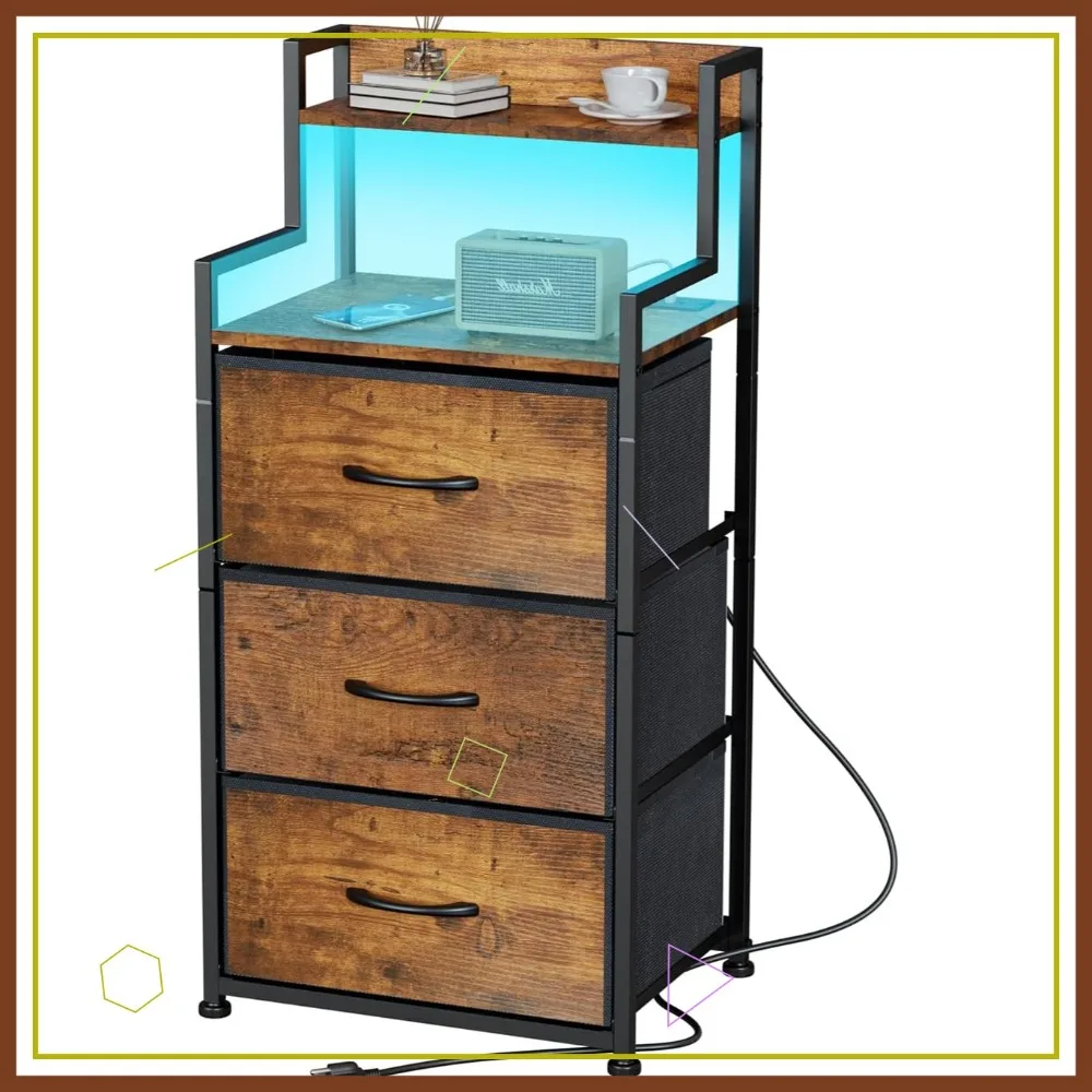 

Высокая тумбочка со светодиодной подсветкой и зарядной станцией, прикроватная тумбочка с 3 ящиками и USB-портами для спальни в общежитии