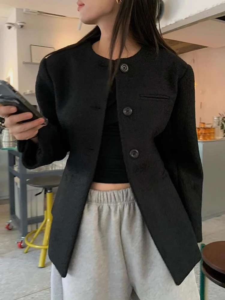 

Chic Spring Korean Sle round Ne Single Button Long Sve Woolen Coat Women's Waist-Cinching Versatile Small Size Outerwear