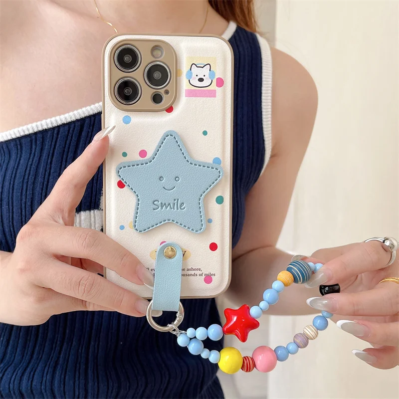 Color Polka Dot Cute Star Phone Case For iPhone 16 Pro 15 14 12 13 Pro Max Cover with Chain Crossbody Strap Cases For 16 Promax view 2