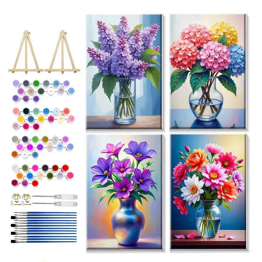 

Набор из 4 красок в рамке по номерам для взрослых, цветы, наборы для рисования по номерам на холсте с мольбертом, цветочная краска своими руками от Numbe