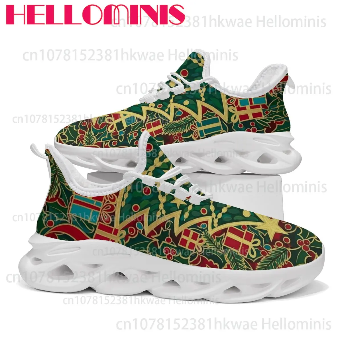 Picture 3: Fleece Lined Christmas Holly Print Unisex Adult Sneakers Warm Plush Lining Hollow Wave Sole Breathable Casual Walking Footwear
