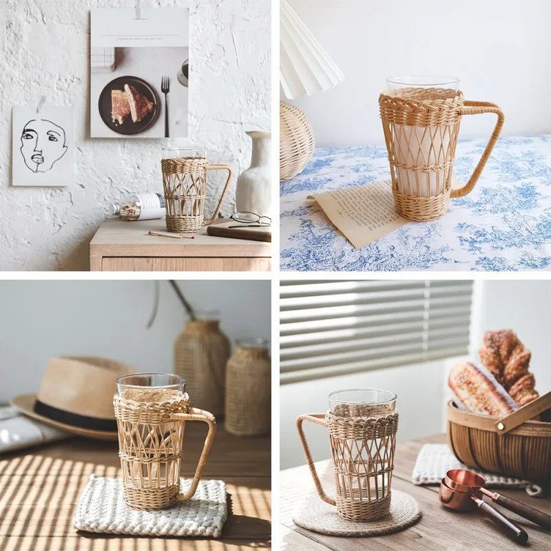 Rattan Woven Water Cup Cover, Anti-scald Cups Holder with Handle, 1Pc Set