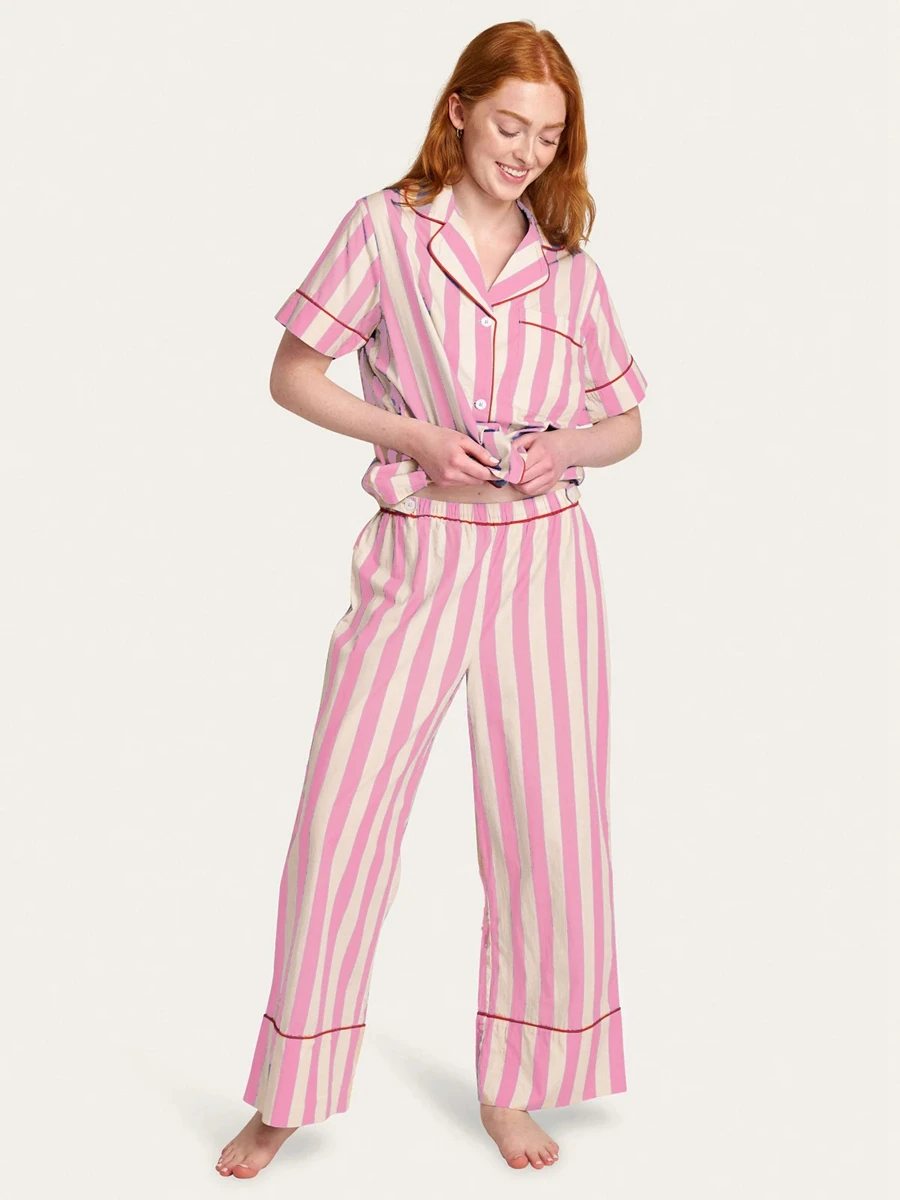 Womens Y2K 2Pieces Underwear Striped Pajama Set Short Sleeve Lapel Collar Shirts + Elastic Waist Long Pants Loungewear Sleepwear