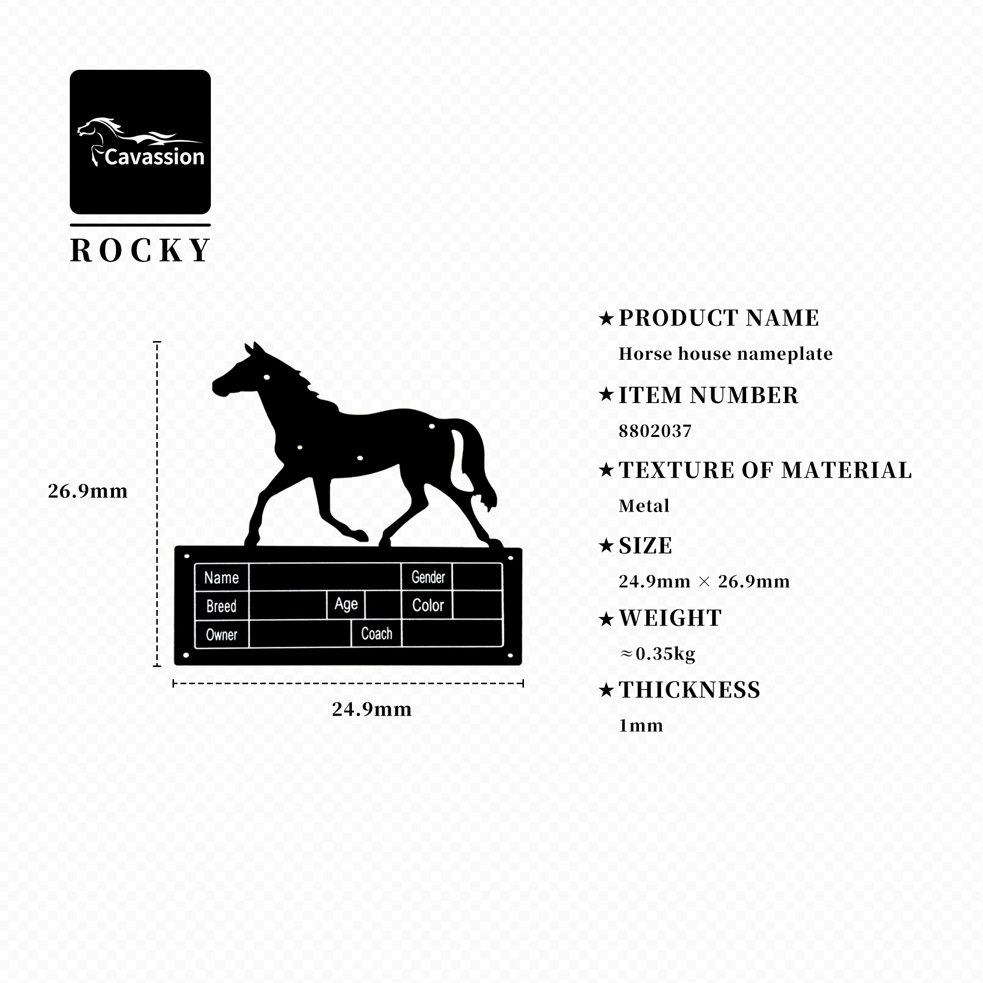 마굿간용 말 식별 명판, 오너 정보 명판, 금속 명판, 중국어 및 영어 8802037