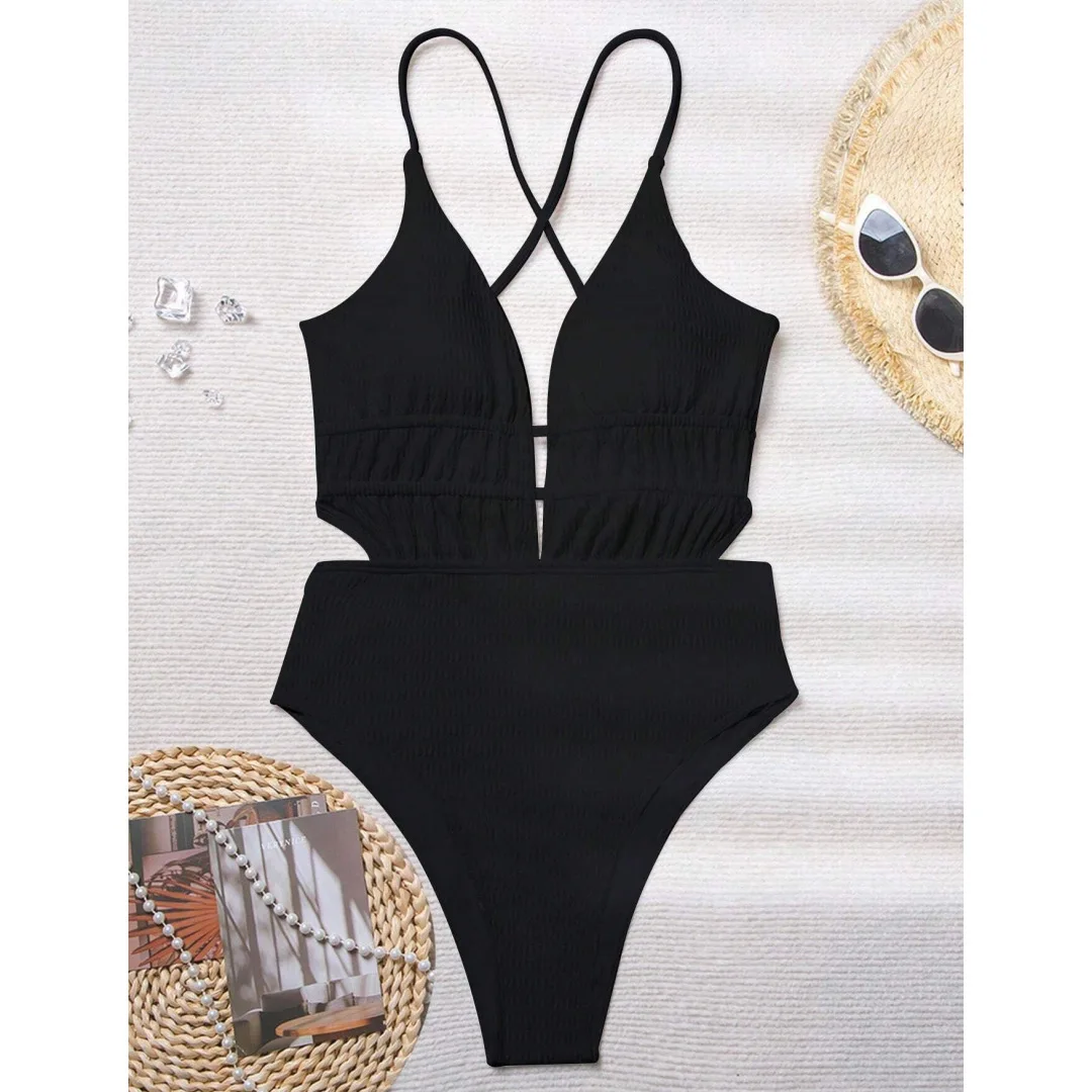Maillot de bain une pièce pour femmes, nouveau Style européen et américain, couleur unie, dos nu, décolleté en v profond, 2025