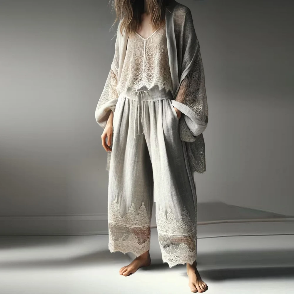 Cakrisyal Women Vintage Lace Pants Loose Straight Drawstring Pockets Trouses Summer Female Solid Linen Casual Retro Ethnic Pants