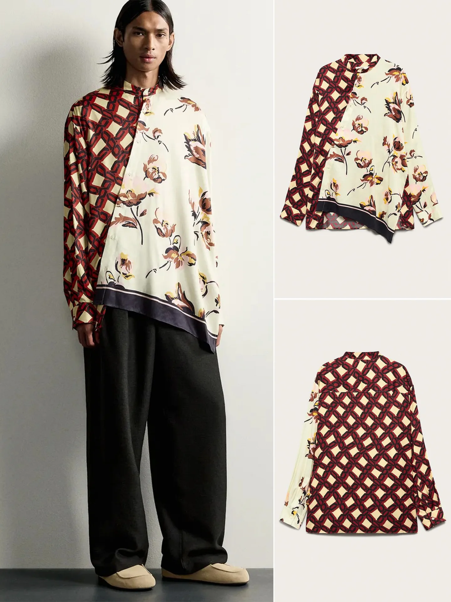 Loose Fit Printed Long Sleeve Shirt Men's Casual Fashion Color Block Collar Design Autumn New Arrival Polyester Fiber Breathable