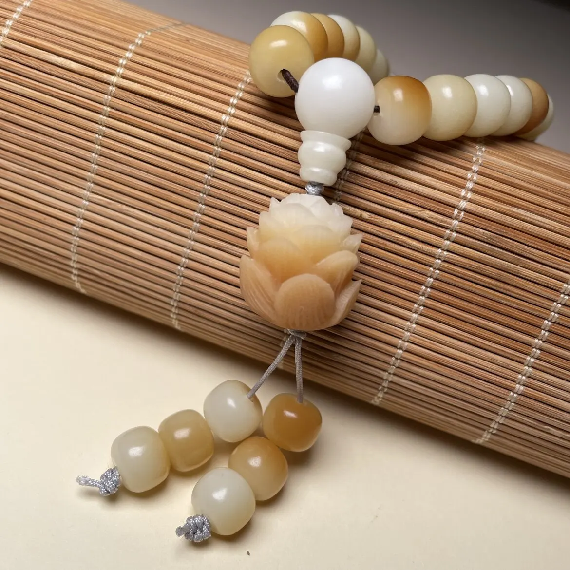 Charred White Jade Bodhi 108 Barrel Beads Bracelet with Jade Lotus Pendant Unisex Wrist Mala Gifts