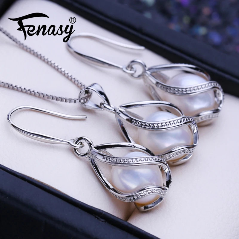 FENASY Natural Freshwater Pearl Jewelry Sets For Women Silver Color Cage Pendant Necklaces Long Earrings Birthday Gift