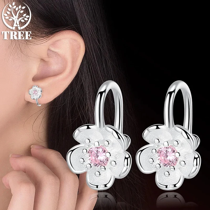 Korea Style Crystal Cherry Blossom Flower Clip on Earrings bez przekłuwania dla dziewczynek Party Sweet 925 Silver No Hole Ear Clip