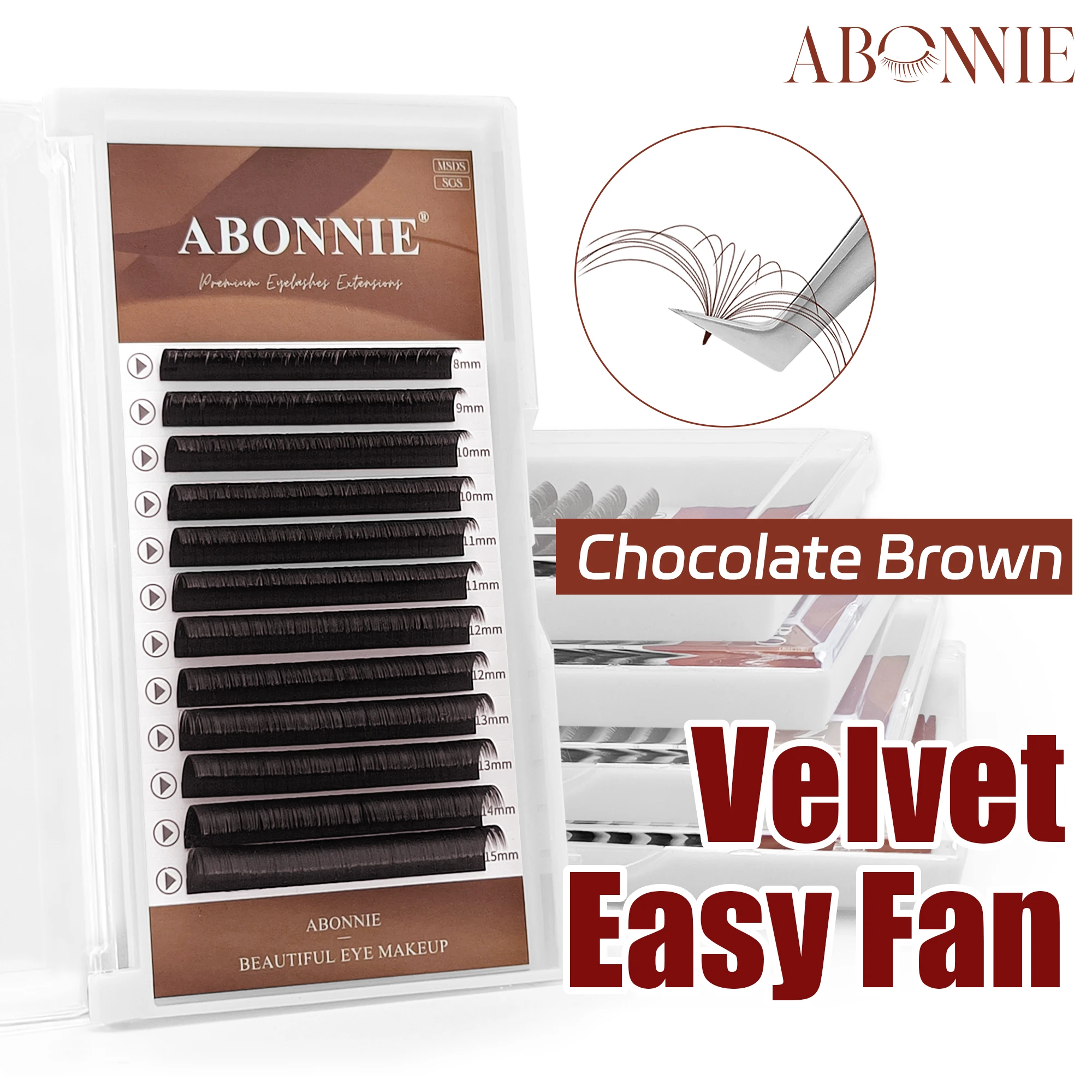 ABONNIE Brown Velvet Easy Fan Lashes C CC D Curl Mega Volume Fans Bloom Extensão de cílios
