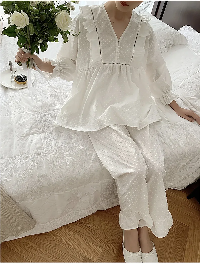 Women\'s Jacquard Dots Pajama Sets.Stringy Selvedge Tops+Long Pants.Vintage Ladies Dot Pyjamas Set.Victorian Sleepwear Loungewear