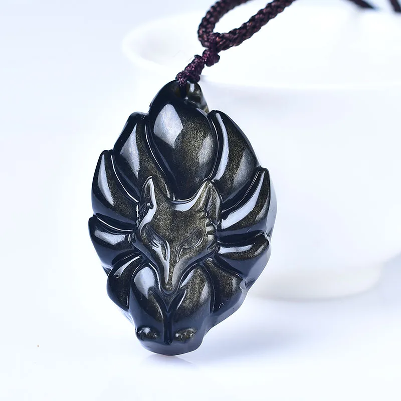 1PC Natural Stone Pendant Black Obsidian Rainbow Eye Nine-tailed Fox jewelry Stone Pendant Necklaces Transfer charm Jewelry Gift