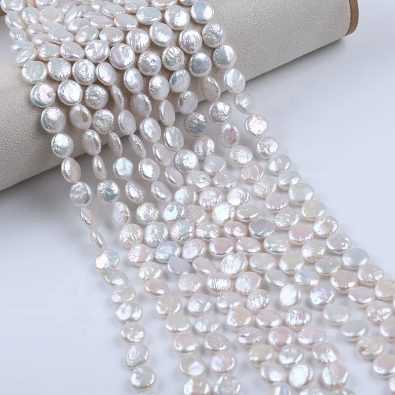 

11-12mm Coin Shape Natural White Beads Freshwater Pearls Strands