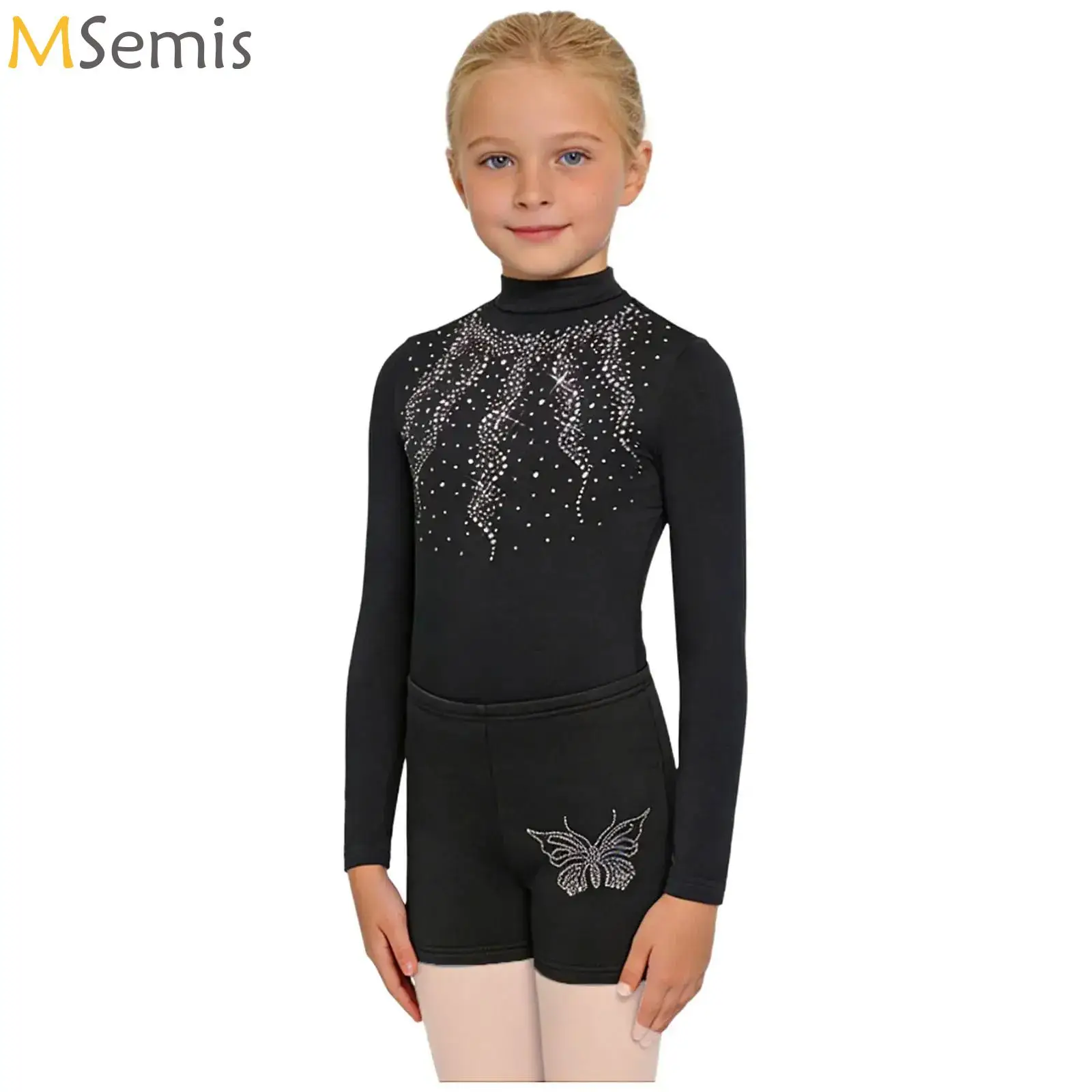 

Kids Girls Gymnastics Ballet Jersey Dance Leotard Performance Costume Long Sleeve Shiny Rhinestone Bodysuit with Shorts Outfits