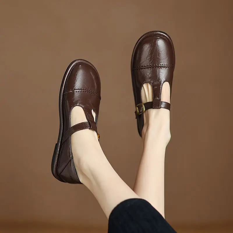 

Girseaby Роскошные женские туфли на плоской подошве в стиле ретро с круглым носком и пряжкой, Т-образный ремешок, большой размер 41, 42, 43, мягкие повседневные повседневные офисные женские туфли, дышащие