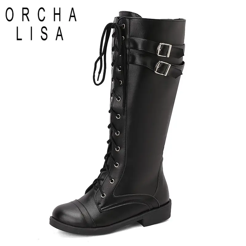 

ORCHA LISA 2025 Повседневные женские сапоги для верховой езды с круглым носком на плоской подошве на молнии со шнуровкой и пряжками на ремне, большие размеры 46 47 48 Ботильоны до колена в стиле ретро