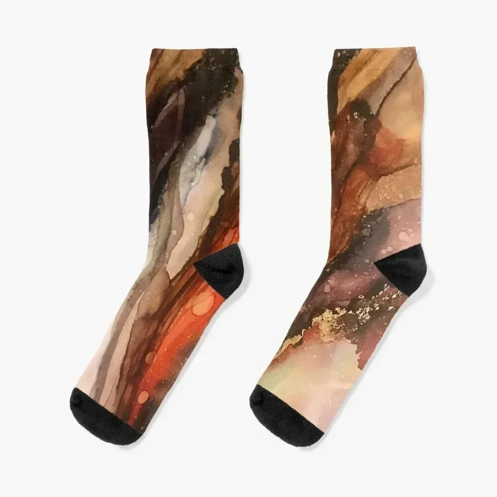 Red Gum - alcohol ink artwork with browns, orange, white, gold Socks Thermal man winter heated Male Socks Women's