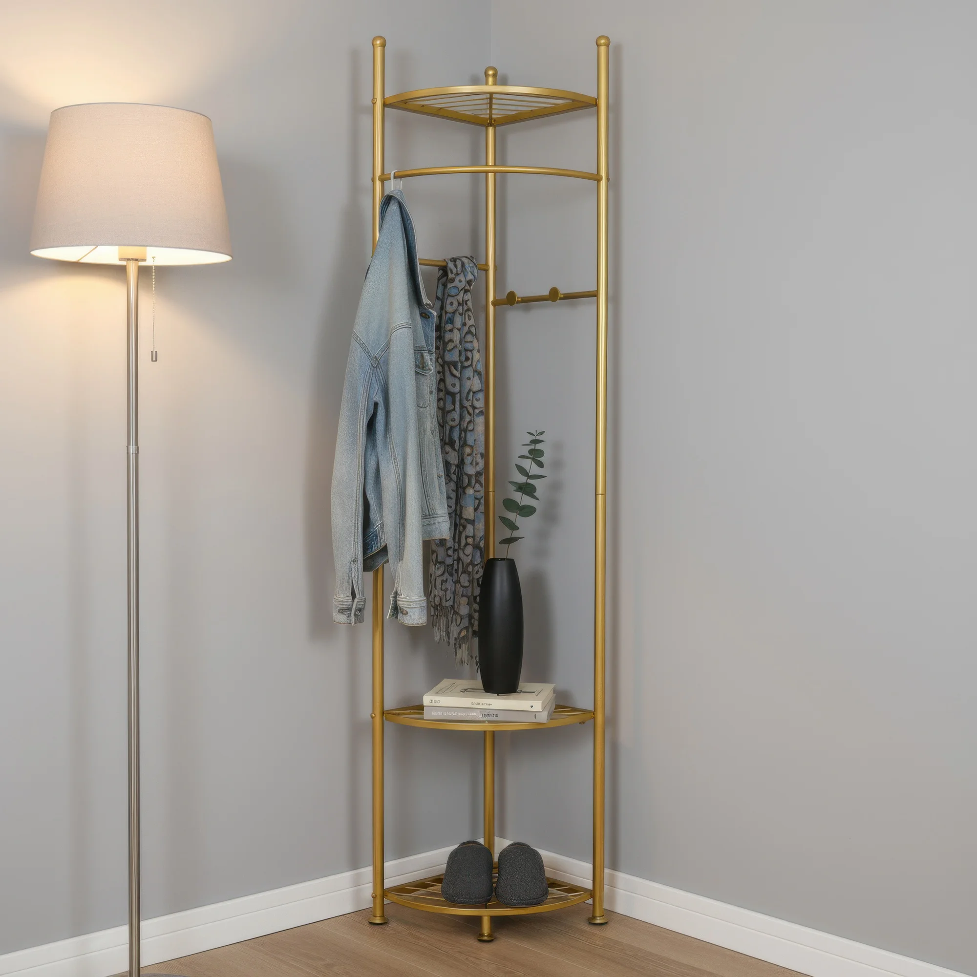

Metal Corner Coat Racks, Gold Clothing Racks Hall Tree, Freestanding Garment Rack with Hooks and Storage Shelf for Hallway