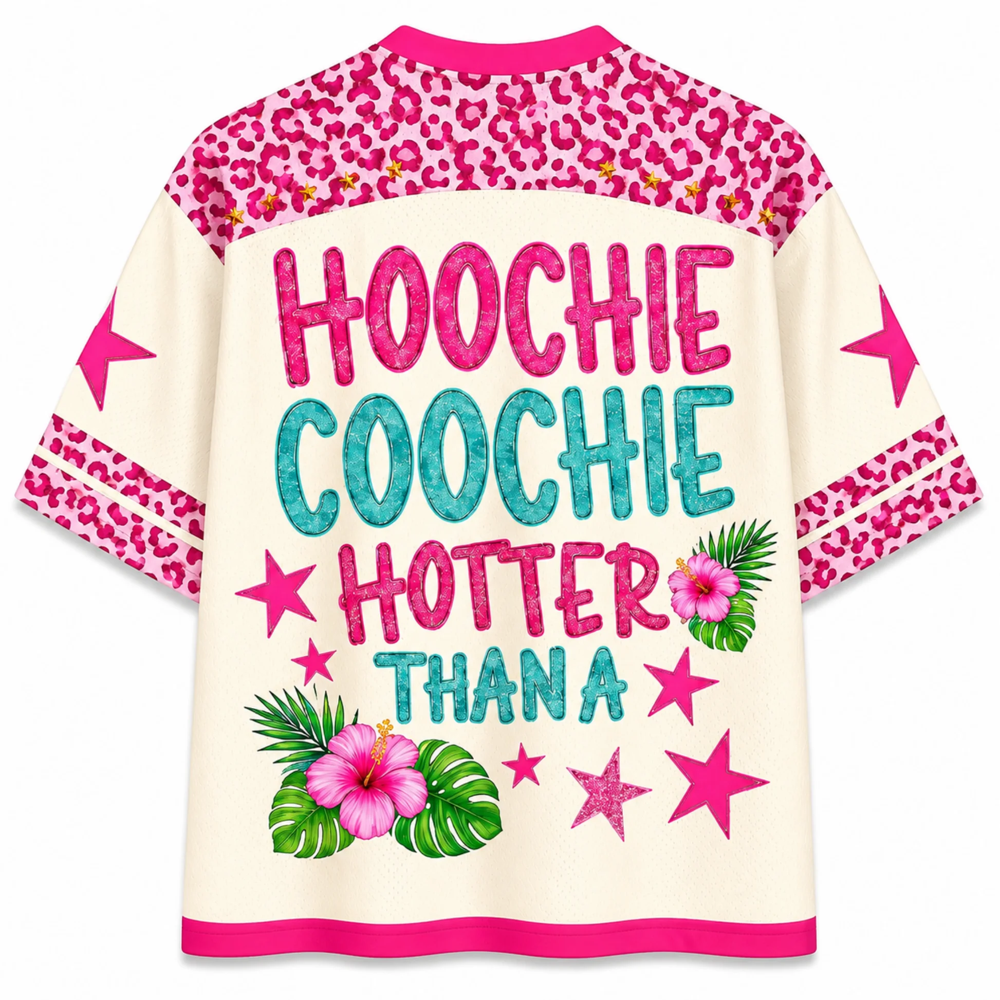 Summer Vacation Leopard Print Fashion Doll Tropical Floral Star Slogan VNeck Jersey Pink Trim Casual Beach Streetwear Sports Top