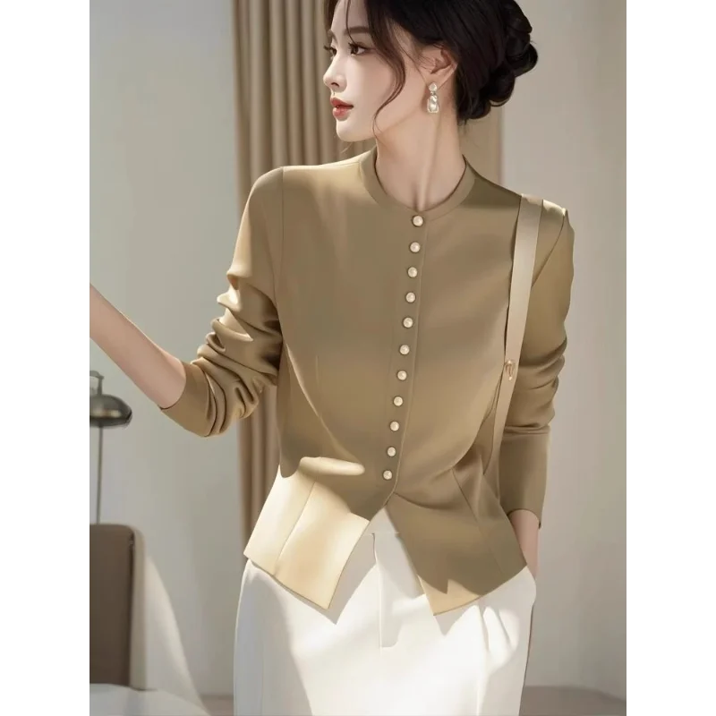 

Chic Khaki Blouse French Elegant High End Waist Cinching Long Sleeve Shirt